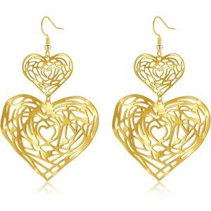 Big Gold Hollow Out Boho Geometric Hook Statement  Gold Heart Dangle Earrings